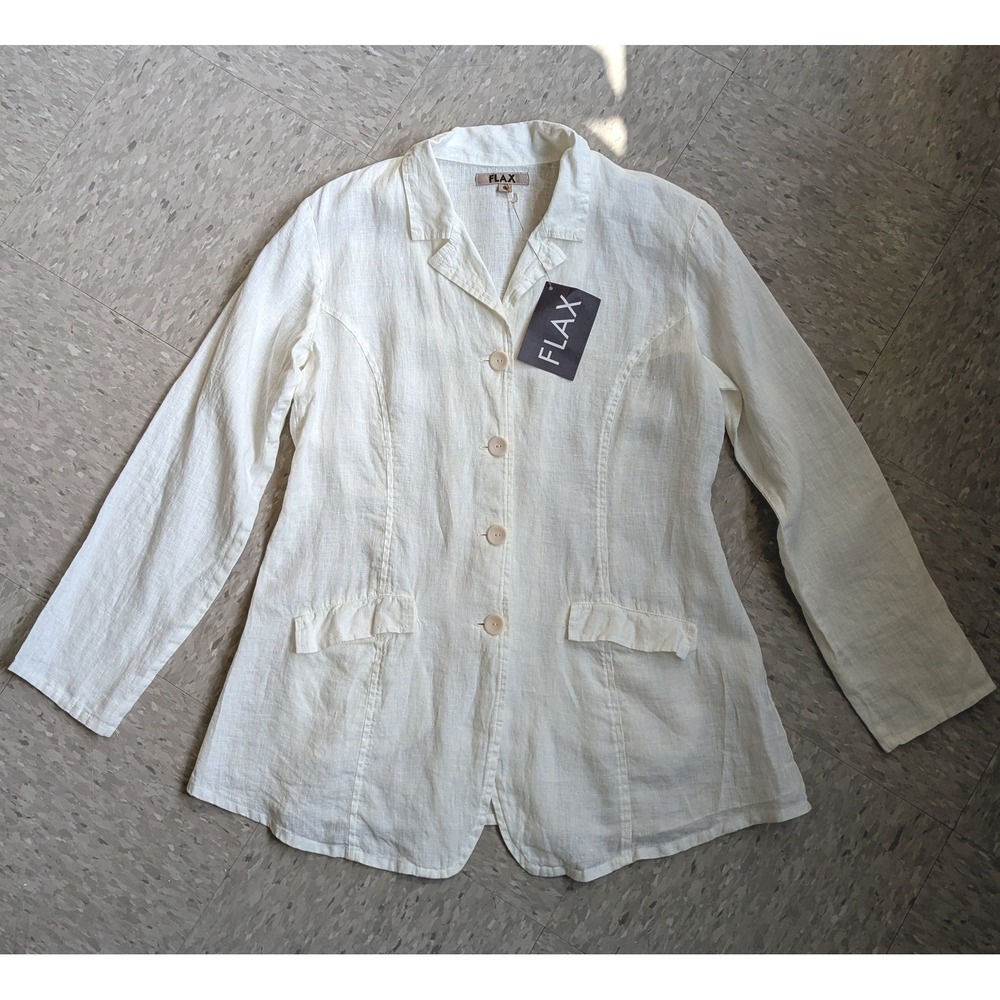 FLAX White Linen Boyfriend Blazer Milk S Minimalist Lagenlook Resortwear NWT - Picture 3 of 13